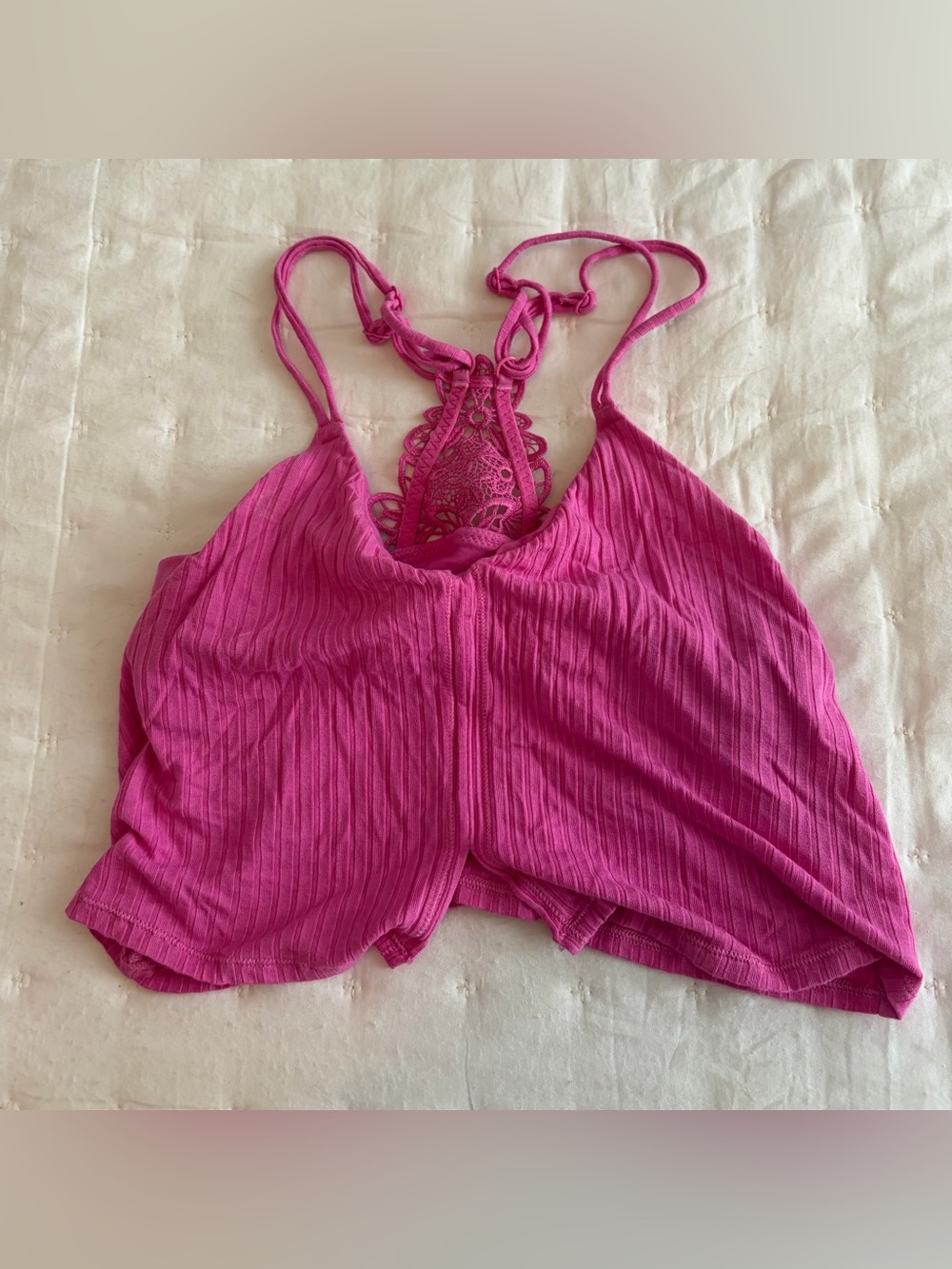 aerie Ribbed Lace-Back Cropped Cami — Hot Pink
